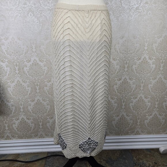 Jewel Queen Sz Med Beaded Sequin Evening Skirt Cream Silver Seashell Pearls Silk - Picture 9 of 13